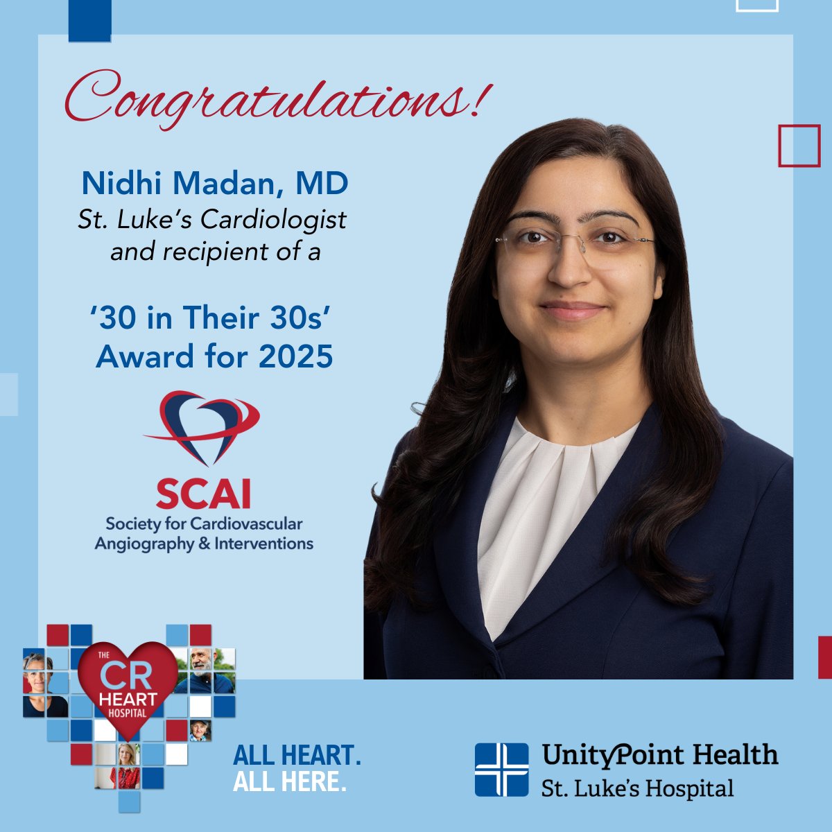 UnityPointCR's tweet image. Congratulations to Dr. Nidhi Madan, recipient of a 2025 '30 in their 30s' Award from the Society for Cardiovascular Angiography and Interventions! The Award recognizes 'early-career interventionalists who epitomize the qualities expected of future leaders..."
