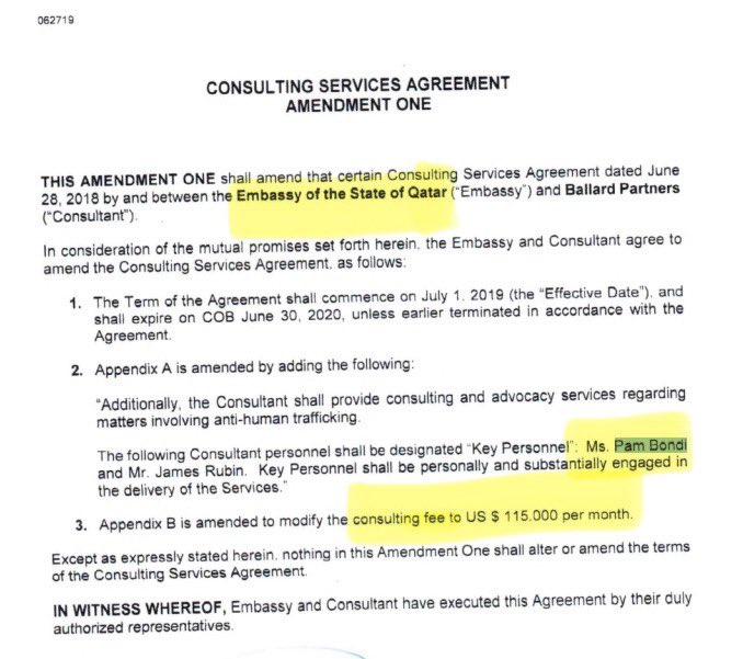 Pam Bondi’s retainer agreement with Qatar.

$115,000/month.

How many X have Qatar made on their $1,380,000 investment into Pam Bondi so far?