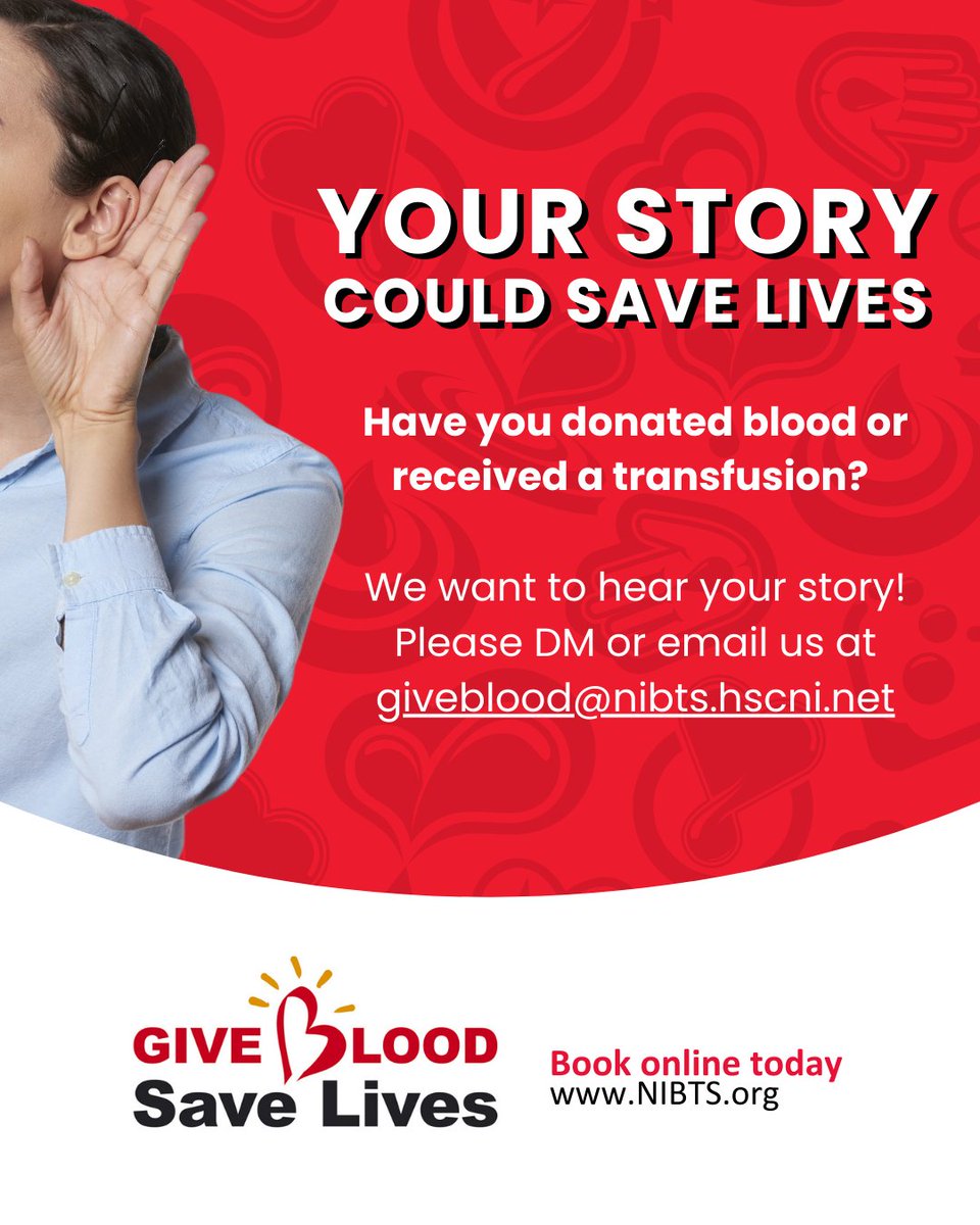 NI Blood Transfusion (@givebloodni) on Twitter photo Your story could save livesβΌοΈ Have you donated blood or received a transfusion? We want to hear your story! π
Please email us at giveblood@nibts.hscni.net and if you are happy, you could be asked to take part in a short video sharing the life-changing impact of blood donation. Your story could save livesβΌοΈ Have you donated blood or received a transfusion? We want to hear your story! π
Please email us at giveblood@nibts.hscni.net and if you are happy, you could be asked to take part in a short video sharing the life-changing impact of blood donation.