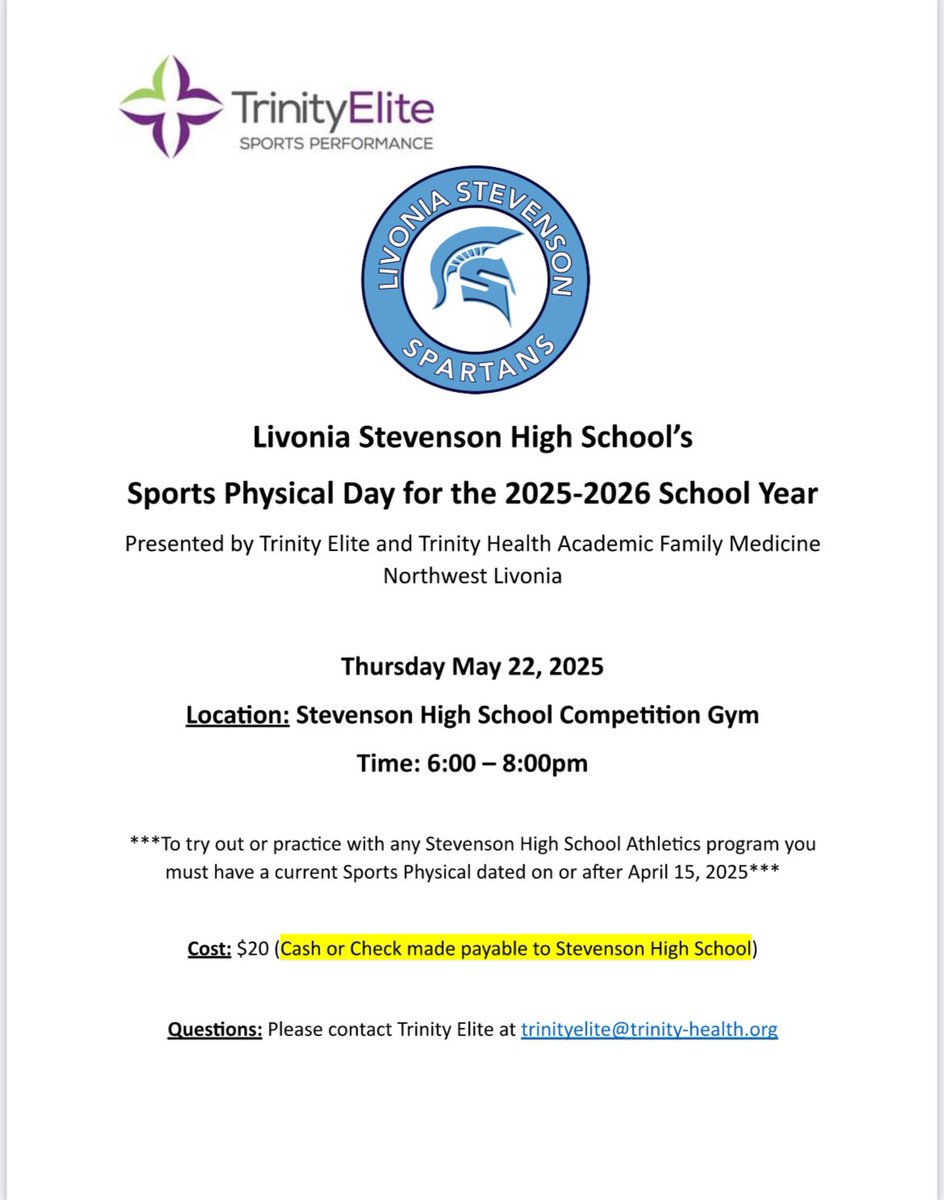 Livonia Stevenson Athletic Training (@shs_sport_med) on Twitter photo One week away! Be sure you have your own medical history filled out, along with a parent signature, then the staff will do the rest! Spread the word! We also welcome our athletes within the LJAL program and our future Spartans from <a href="/holmesmiddle/">Holmes Middle School</a> dm for info or questions! One week away! Be sure you have your own medical history filled out, along with a parent signature, then the staff will do the rest! Spread the word! We also welcome our athletes within the LJAL program and our future Spartans from <a href="/holmesmiddle/">Holmes Middle School</a> dm for info or questions!
