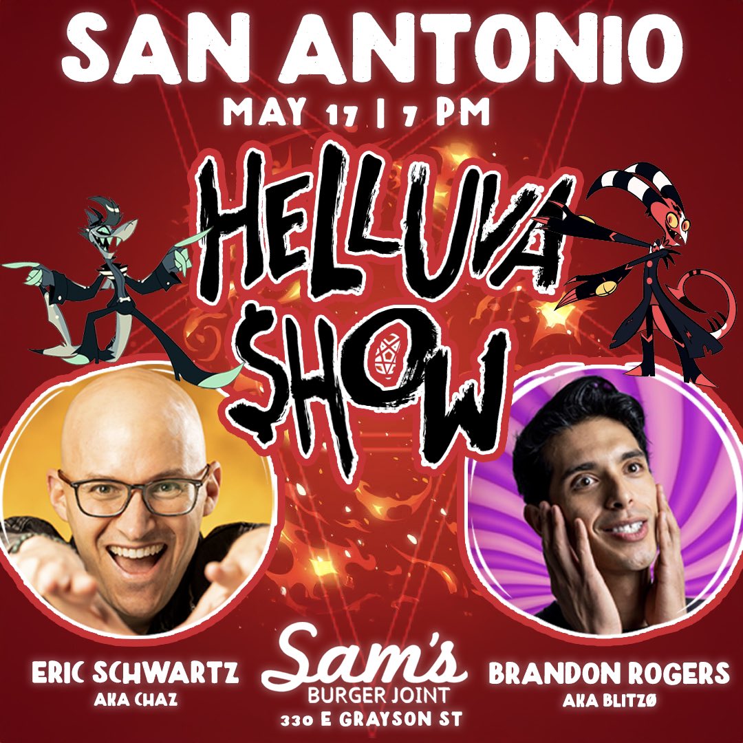 SAN ANTONIO, here we come! A special Helluva Show with me and Brandon Rogers hits Sam’s Burger Joint Saturday (low ticket alert). 

Tix: wl.seetickets.us/event/eric-sch…
