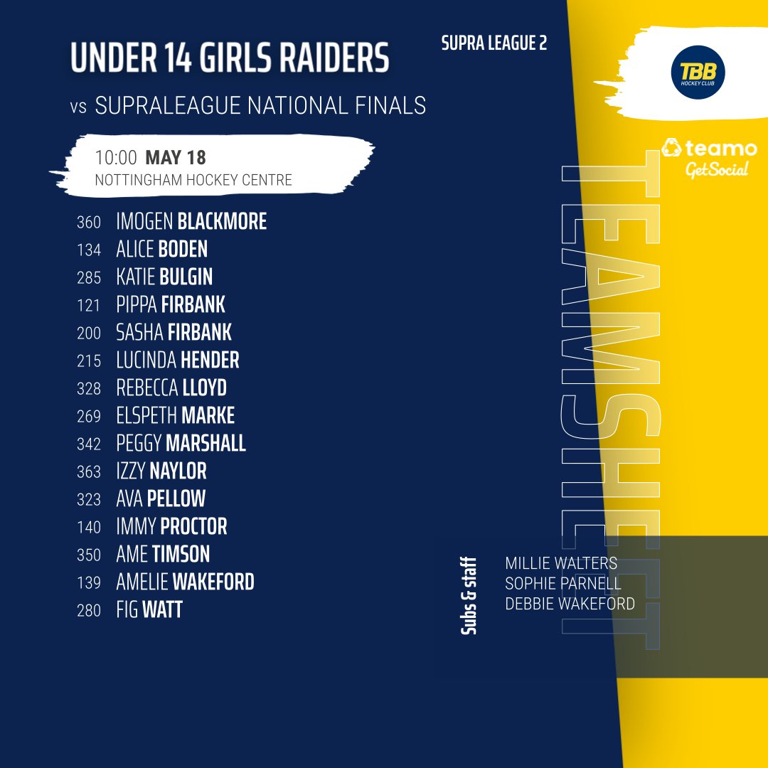 Team Bath Buccaneers (@tbbhockey) on Twitter photo What a team! Best of luck to our U14 Girls Raiders as they head to Nottingham on Sunday for the <a href="/EnglandHockey/">England Hockey</a> SupraLeague Finals. They face <a href="/SurbitonHC/">Surbiton Hockey Club</a> Eagles at 10:00, <a href="/OfficialBeeHC/">Beeston Hockey Club</a> U14 Girls at 11:30 and <a href="/readinghc/">Reading Hockey Club</a> U14 Girls at 13:00. What a team! Best of luck to our U14 Girls Raiders as they head to Nottingham on Sunday for the <a href="/EnglandHockey/">England Hockey</a> SupraLeague Finals. They face <a href="/SurbitonHC/">Surbiton Hockey Club</a> Eagles at 10:00, <a href="/OfficialBeeHC/">Beeston Hockey Club</a> U14 Girls at 11:30 and <a href="/readinghc/">Reading Hockey Club</a> U14 Girls at 13:00.