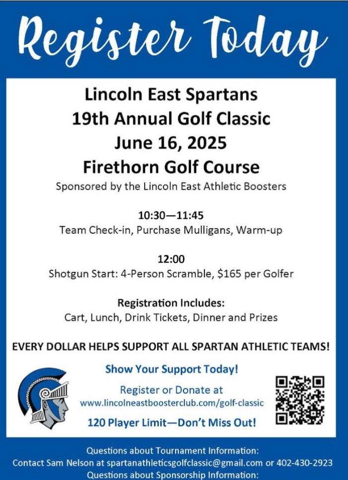 Its time to register for the Lincoln East Spartans 19th Annual Golf Classic!

x.com/EastSpartans/s…