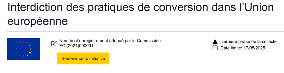 J'ai signé l'initiative citoyenne visant à interdire les thérapies de conversion dans l'Union européenne

citizens-initiative.europa.eu/initiatives/de…

L'initiative citoyenne européenne permet d'appeler la Commission européenne à proposer de nouvelles législations sur un sujet donné