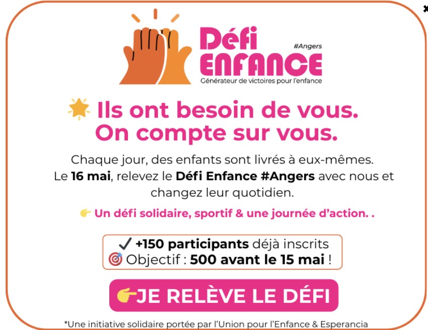 L'Union pour l'Enfance et <a href="/Agape_Anjou/">Agapè Anjou</a>  Anjou lancent le Défi ENFANCE #Angers :  un événement sportif et solidaire où votre présence fait la différence pour les enfants en danger !
au parc Saint Serge Min d'Angers 10h
unionpourlenfance.com/.../defi-enfan…