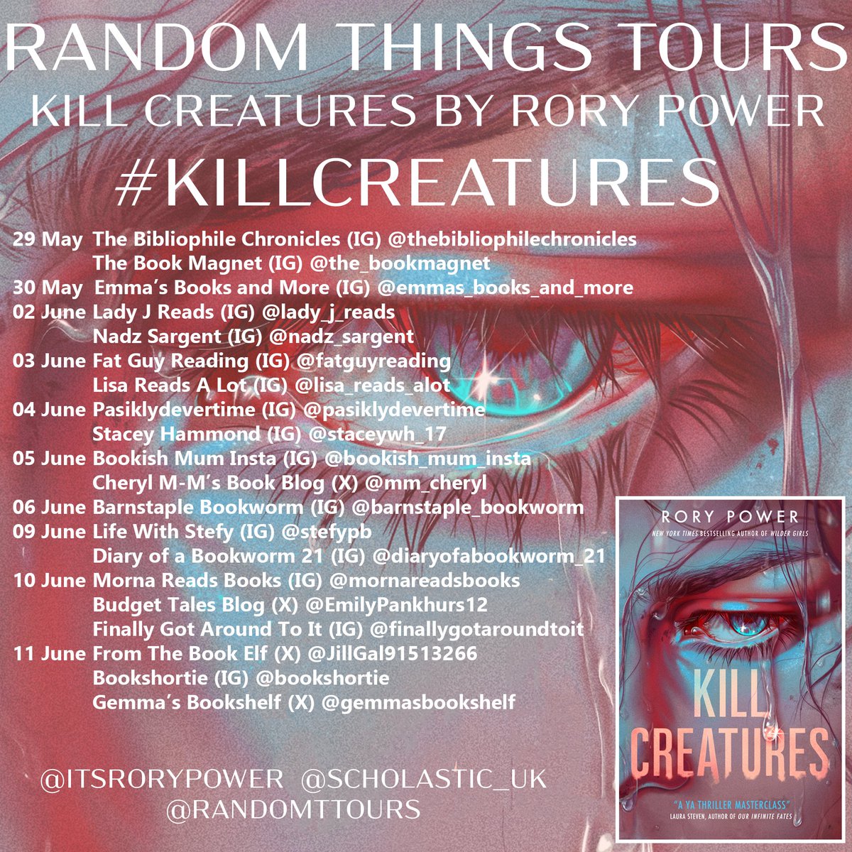 Random Things Tours 🇺🇦 (@randomttours) on Twitter photo Delighted to work with <a href="/scholasticuk/">Scholastic UK</a> <a href="/TinaMories/">Tina Mories</a> on this #RandomThingsTours Blog Tour for #KillCreatures by #RoryPower
Begins 29 May
<a href="/mm_cheryl/">CherylM-M</a>
<a href="/EmilyPankhurs12/">Emily📚Budget Tales Book Blog #budgettalesbookblog</a>
<a href="/JillGal91513266/">Jill</a>
<a href="/Bookshortie1/">Bookshortie</a>
<a href="/gemmasbookshelf/">Gemma 📖</a> Delighted to work with <a href="/scholasticuk/">Scholastic UK</a> <a href="/TinaMories/">Tina Mories</a> on this #RandomThingsTours Blog Tour for #KillCreatures by #RoryPower
Begins 29 May
<a href="/mm_cheryl/">CherylM-M</a>
<a href="/EmilyPankhurs12/">Emily📚Budget Tales Book Blog #budgettalesbookblog</a>
<a href="/JillGal91513266/">Jill</a>
<a href="/Bookshortie1/">Bookshortie</a>
<a href="/gemmasbookshelf/">Gemma 📖</a>