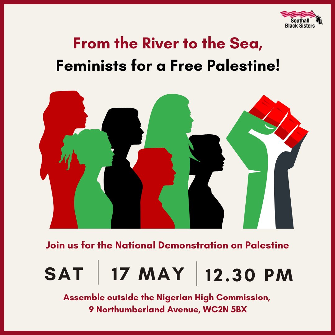 ✊🏾 Feminists demand a free Palestine

We will be assembling outside the Nigerian High Commission on Saturday 17 May at 12.30pm to join the national demo. 

Come in solidarity!
