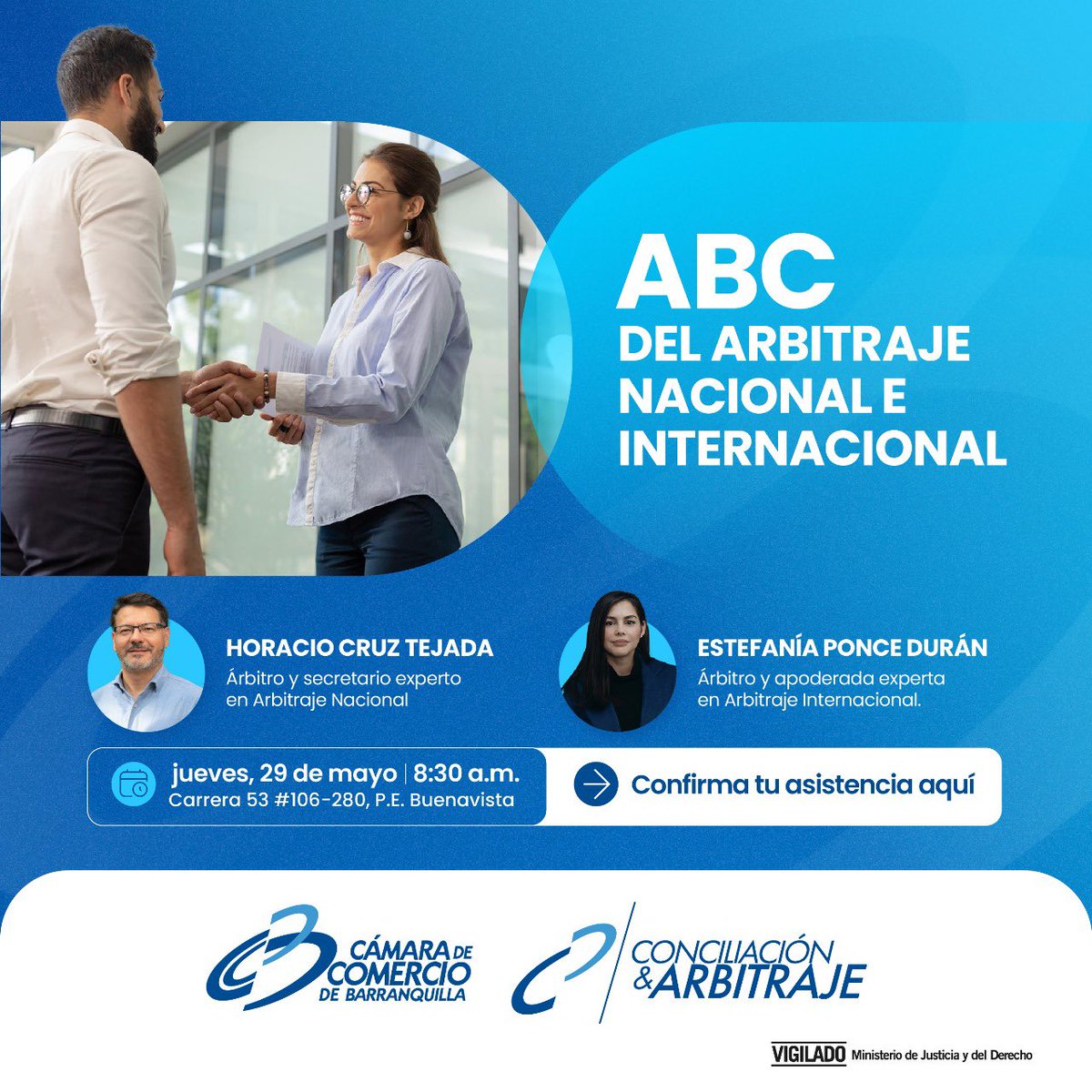 ¿Cansado de procesos judiciales largos y costosos? ⚖️⏳ 

Descubre el Arbitraje, un mecanismo ágil, confidencial y especializado para resolver conflictos empresariales. 🙌

Te esperamos en el seminario "ABC del Arbitraje Nacional e Internacional" 

🗓️ 29 de mayo 
 ⏰ 8:30 a. m.