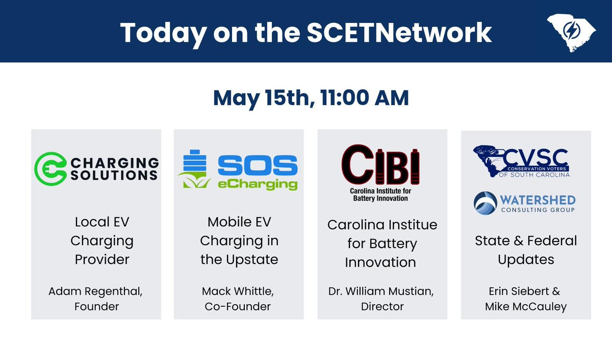 SCETNetwork's tweet image. Join the SC Electric Transportation Network at 11:00 am today for presentations from local EV charging providers, the Carolina Institute for Battery Innovation, and state policy and federal program updates.
Register here: zoom.us/meeting/regist…