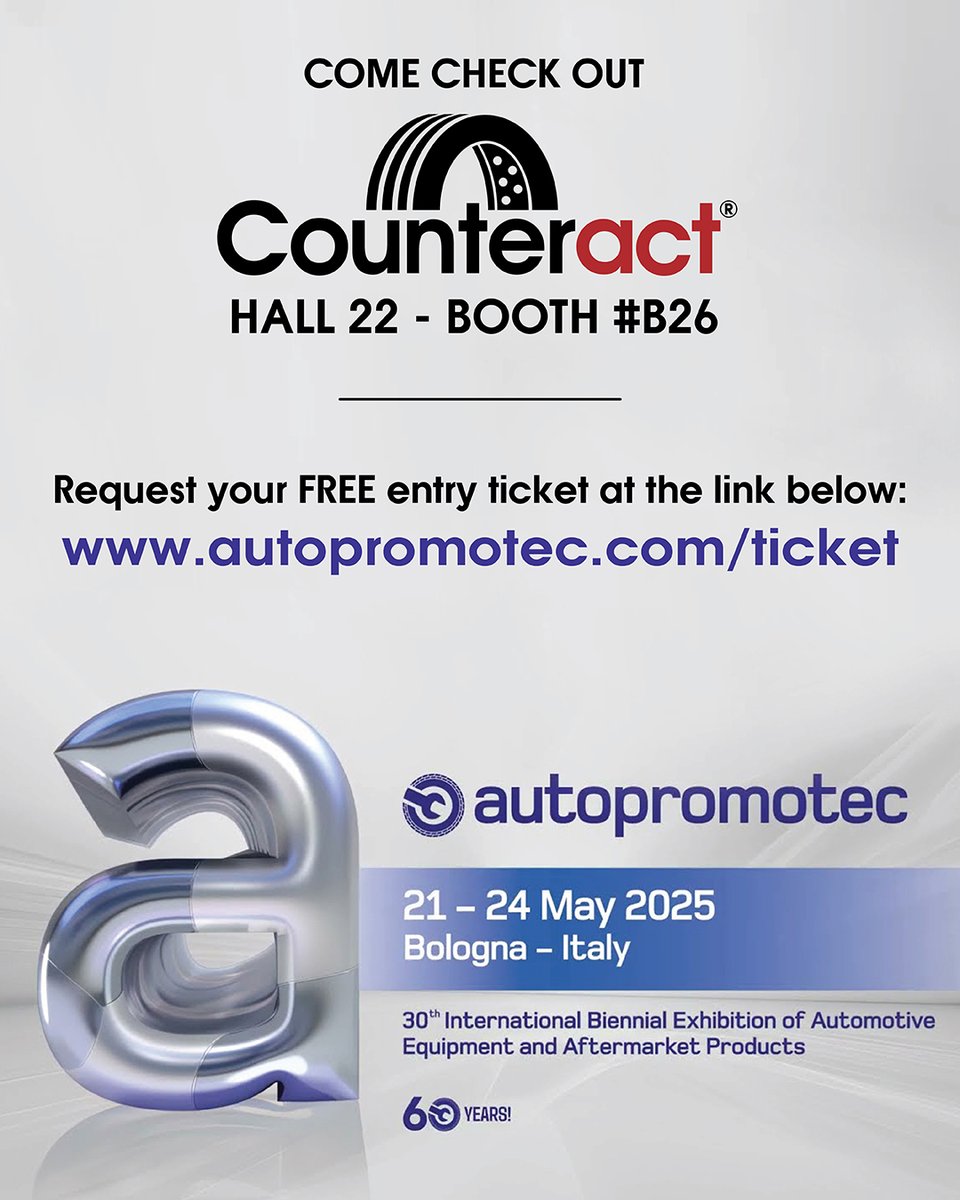 CounteractNews's tweet photo. Counteract is headed to Autopromotec 2025 in Bologna, Italy! 🇮🇹
🗓 May 21–24, 2025
📍 Hall 22 – Booth #B26
Join us at the 30th International Biennial Exhibition of Automotive Equipment and Aftermarket Products.
🎟 Grab your FREE entry ticket here 👉 https://t.co/q1kOyHHn1E https://t.co/qoiGcthRcL