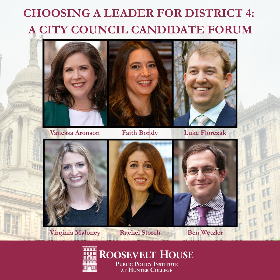 Roosevelt House (@roosevelt_house) on Twitter photo Join Roosevelt House on May 20 at 6pm as District 4 #NYCCouncilCandidates sound off on questions critical to the neigborhood's future!
<a href="/bd_wetz/">Ben Wetzler</a> @vanessaaronson <a href="/vmmaloney/">Virginia Maloney</a> @rachelstorchnyc @bondyfornycc4 @ltflorczak, moderated by @Nick_Garber of <a href="/CrainsNewYork/">Crain's New York</a>
#midtown #ues Join Roosevelt House on May 20 at 6pm as District 4 #NYCCouncilCandidates sound off on questions critical to the neigborhood's future!
<a href="/bd_wetz/">Ben Wetzler</a> @vanessaaronson <a href="/vmmaloney/">Virginia Maloney</a> @rachelstorchnyc @bondyfornycc4 @ltflorczak, moderated by @Nick_Garber of <a href="/CrainsNewYork/">Crain's New York</a>
#midtown #ues