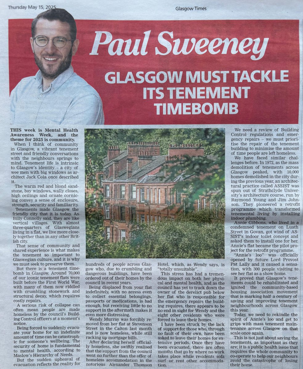 Paul Sweeney (@pauljsweeney) on Twitter photo In today's <a href="/Glasgow_Times/">Glasgow Times</a> I look at the looming tenement timebomb.
Glasgow has 70,000 tenements that were built before WWI with many crumbling and in need of emergency repairs.
We need a rolling programme of work to repair and preserve our iconic tenements. In today's <a href="/Glasgow_Times/">Glasgow Times</a> I look at the looming tenement timebomb.
Glasgow has 70,000 tenements that were built before WWI with many crumbling and in need of emergency repairs.
We need a rolling programme of work to repair and preserve our iconic tenements.