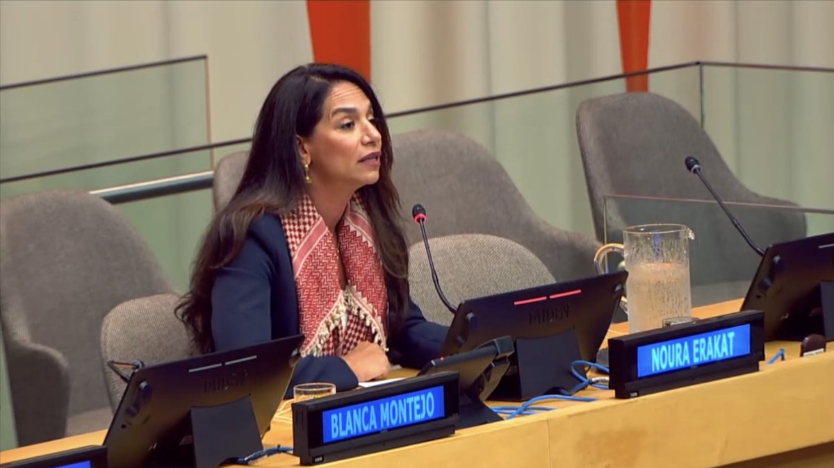 jadaliyya's tweet photo. Live Now! @4Noura Addresses the UN on the 77th Anniversary of the Nakba @https://webtv.un.org/en/asset/k1k/k1kyn84zwq https://t.co/I2gqVaqJnC