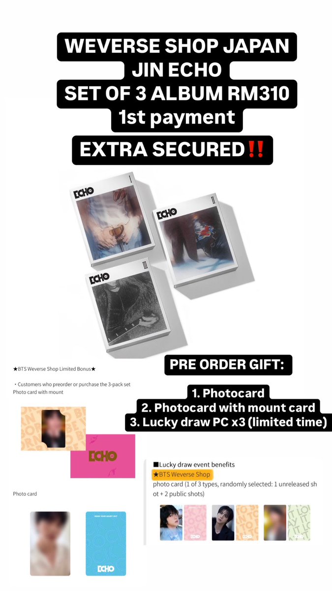 bangtanHIMANG's tweet photo. [HELP RT] thankyou

EXTRA SECURED‼️
JIN 2nd Solo Album ECHO 

JPFC PO GIFT+LUCKY DRAW PC

Price stated only for 1st payment need 2nd payment for int ship+local postage 

Dm to order
Please help me RT, thankyou! 
#pasarBTS 
@pasarBTS
@BTSMarketMY 
@BTStrading_MY https://t.co/sih21lrbG7