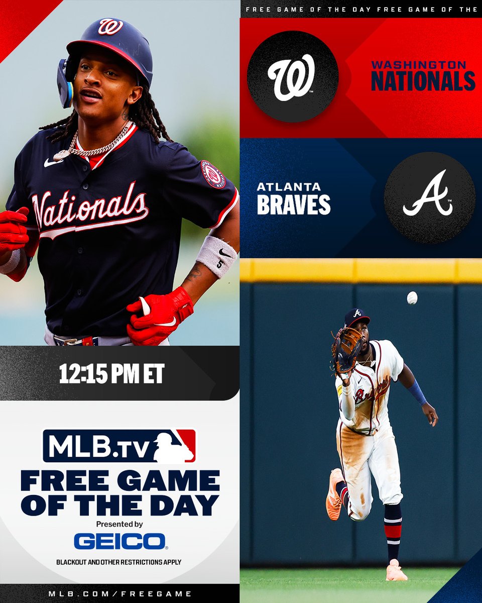 MLB.TV (@mlbtv) on Twitter photo CJ Abrams and the <a href="/Nationals/">Washington Nationals</a> wrap up their series against Michael Harris II and the <a href="/Braves/">Atlanta Braves</a>.
Watch for FREE at 12:15 PM ET on #MLBTV
(MLB x GEICO) CJ Abrams and the <a href="/Nationals/">Washington Nationals</a> wrap up their series against Michael Harris II and the <a href="/Braves/">Atlanta Braves</a>.
Watch for FREE at 12:15 PM ET on #MLBTV
(MLB x GEICO)