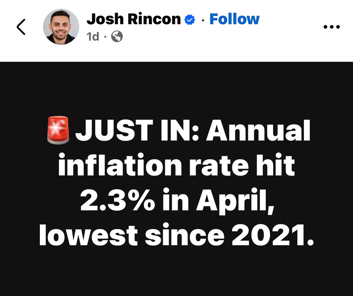WellsJorda89710's tweet image. 🚨JUST IN: Annual inflation rate hit 2.3% in April, lowest since 2021.#trump #maga #demcrats #republicans