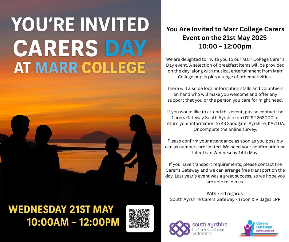 🌟 You’re Invited – A Special Event for Unpaid Carers in Troon and surrounding villages! 🌟

Are you an unpaid carer supporting a loved one in Troon or the nearby villages? Take a well-deserved break and join us for the Marr College Carers Day Event.

🗓️ Wednesday 21st May