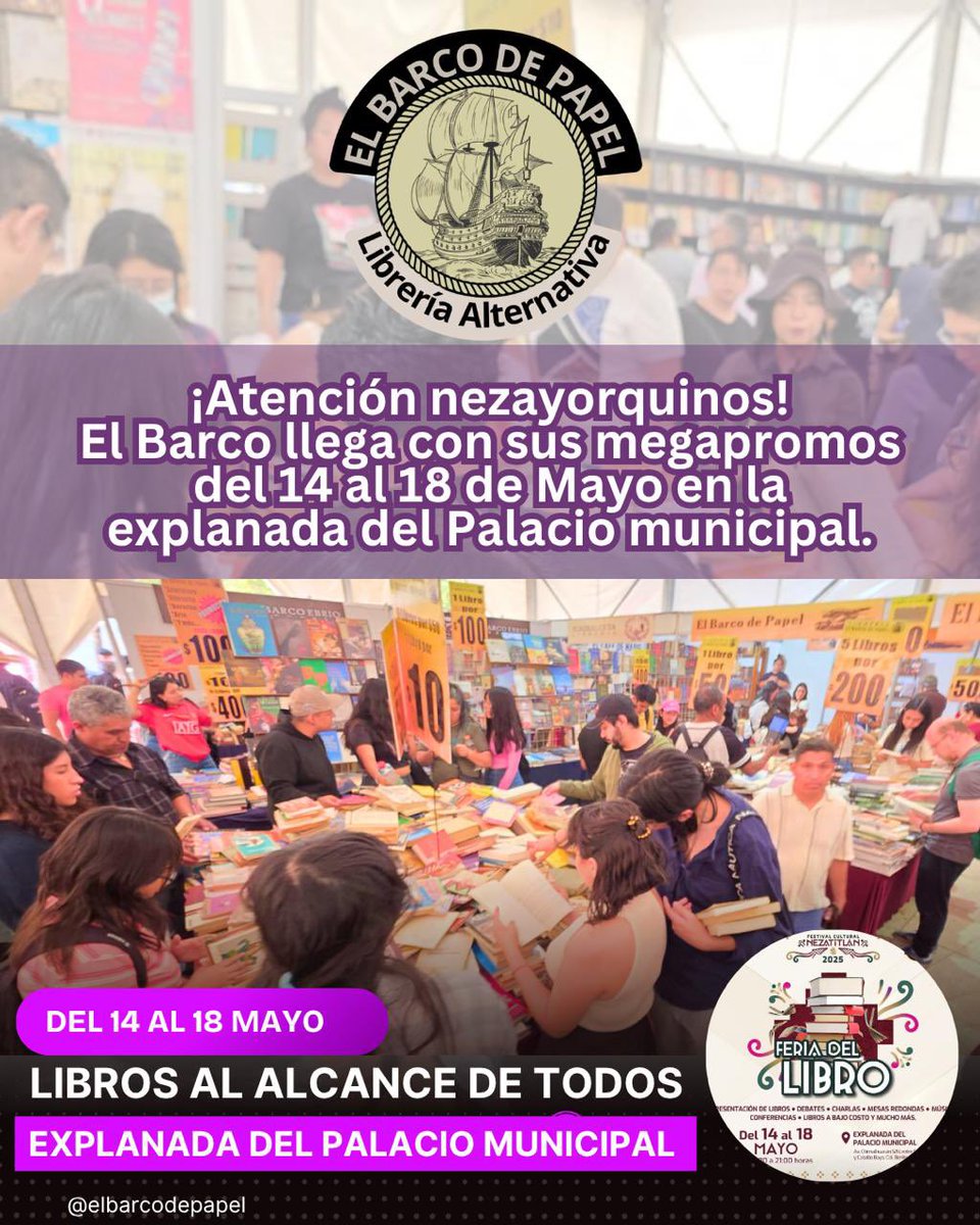 ¡Atención nezayorquinos!
El Barco llega con sus megapromos de locura al la explanada del Palacio municipal de ciudad Nezahualcóyotl. L@s esperamos del miércoles 14 al domingo 18 de mayo en horario de 10 am a 8 pm. ¡No falten!

#ElBarcoDePapel #Neza #ExplanadaDeNeza #Libros