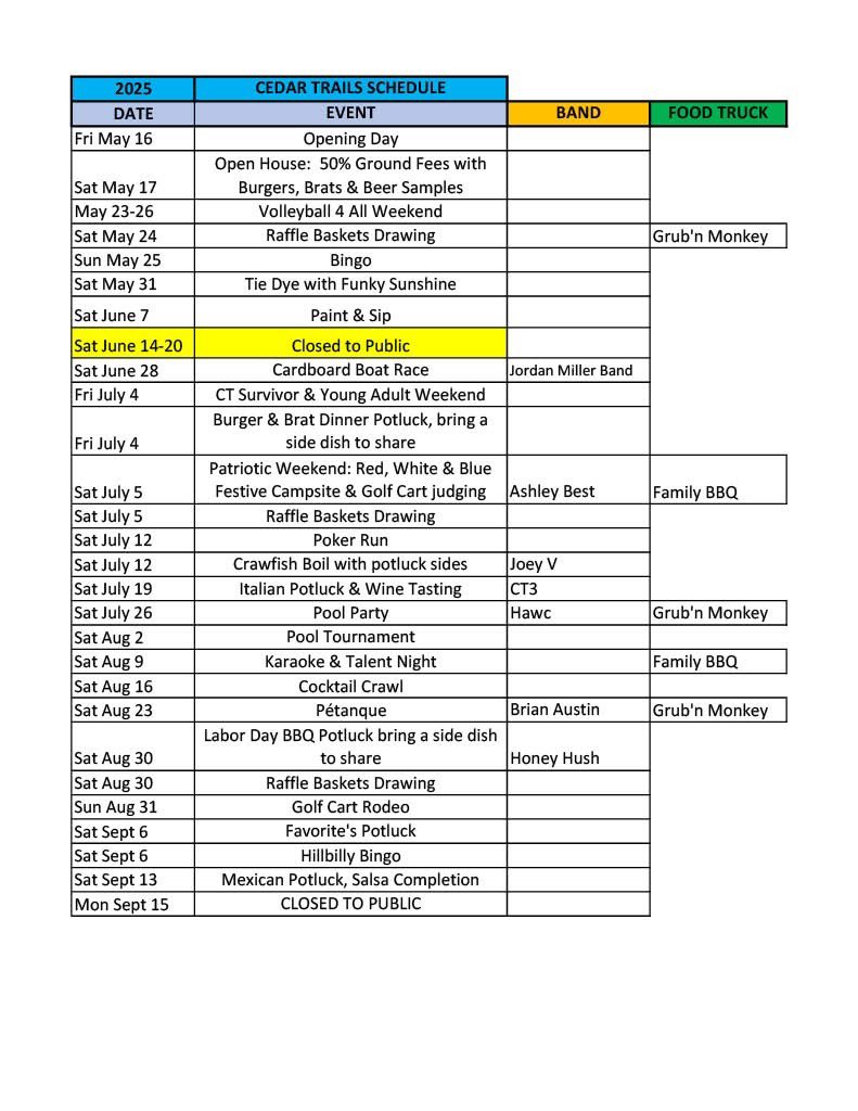 Check out the schedule of summer events at one of our clubs: 

Cedar Trails Nudist Retreat 🌳☀️