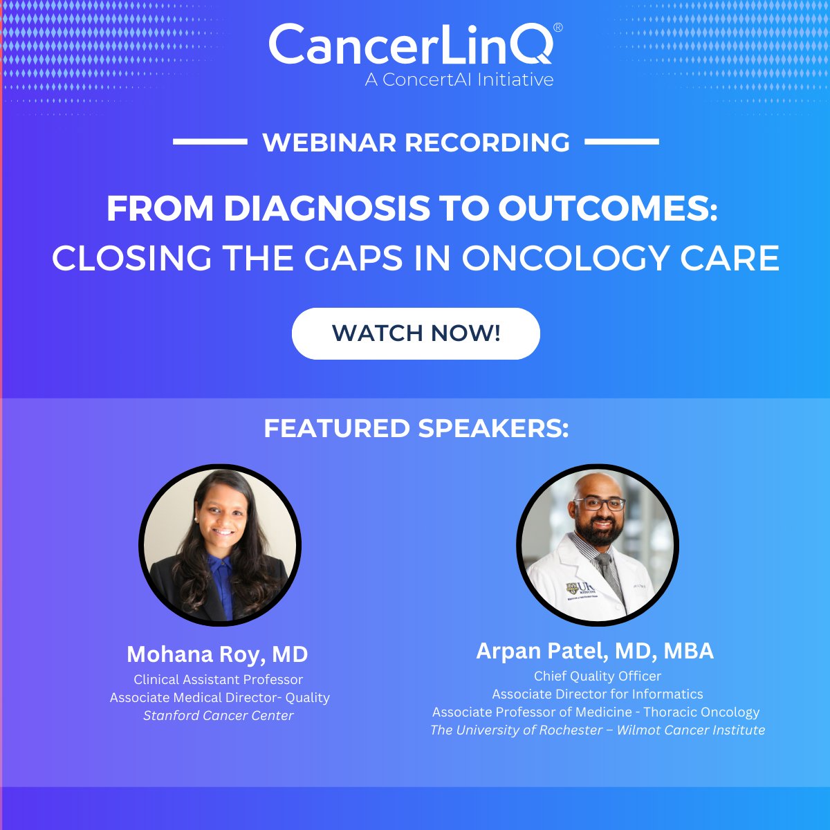 CancerLinQOrg's tweet image. Missed the live webinar? No problem! Catch up on our on-demand session about bridging gaps in oncology care. Gain insights from experts Mohana Roy, MD and Arpan Patel, MD, MBA. Watch now: hubs.ly/Q03mMcbS0!