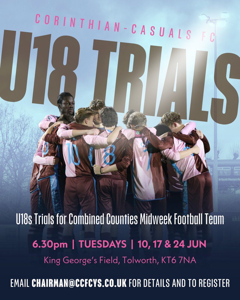 Tom Taylor (@tomtaylorcoach) on Twitter photo U18s trials - Corinthian Casuals
Looking to build on a successful year, why not come and join us?
Aim to prepare & develop players for Men’s football. Pathway to our Development Squad & Step 5 First Team!
<a href="/FreeAgentsFC/">Free Agent Showcase</a> <a href="/Player_TeamFind/">Player/TeamFinder</a> <a href="/Player1stUK/">Players 1st UK</a> <a href="/purelyplayers/">Purely Players - 🏴 #FFFUK</a> U18s trials - Corinthian Casuals
Looking to build on a successful year, why not come and join us?
Aim to prepare & develop players for Men’s football. Pathway to our Development Squad & Step 5 First Team!
<a href="/FreeAgentsFC/">Free Agent Showcase</a> <a href="/Player_TeamFind/">Player/TeamFinder</a> <a href="/Player1stUK/">Players 1st UK</a> <a href="/purelyplayers/">Purely Players - 🏴 #FFFUK</a>