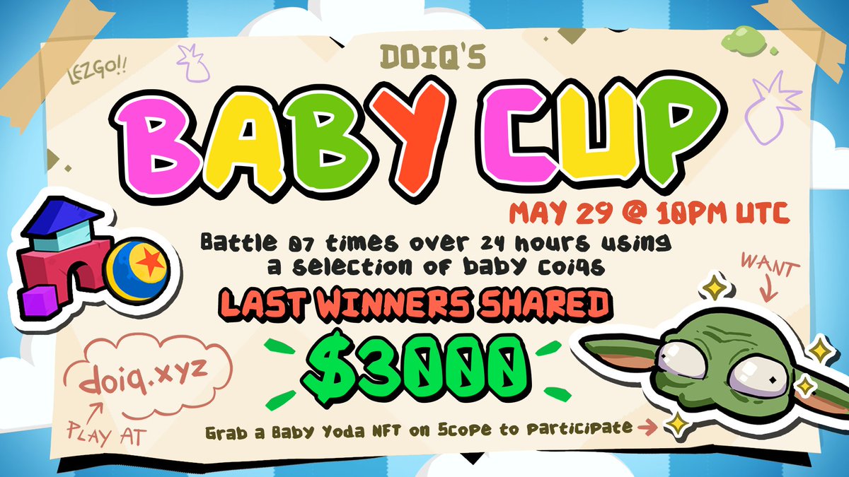 🧵BABY CUP: Everything You Need to Know
The official guide to Doiq’s cutest, weirdest, and most chaotic tournament yet.

Cash prizes. NFTs. Strategy. Baby Chicken Hybrids.
Let’s go. 🍍👶⚔️
(1/12)