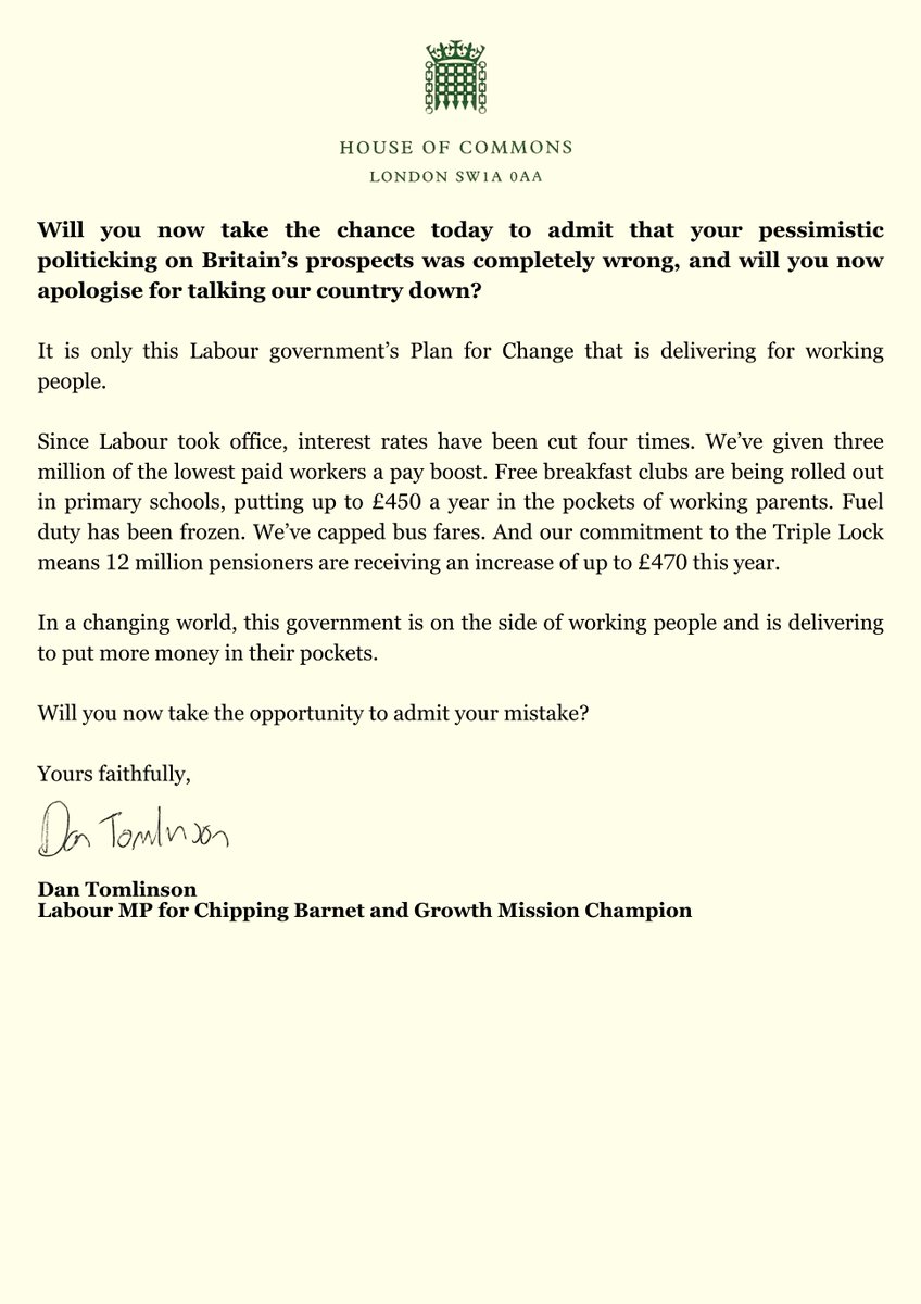 Nigel Farage and Andrew Griffith claimed the UK was heading for recession.

Today the UK became the fastest growing economy in the G7 in 2025 🇬🇧📈

I’ve written to them asking if they will admit that they were wrong to talk down our country.👇