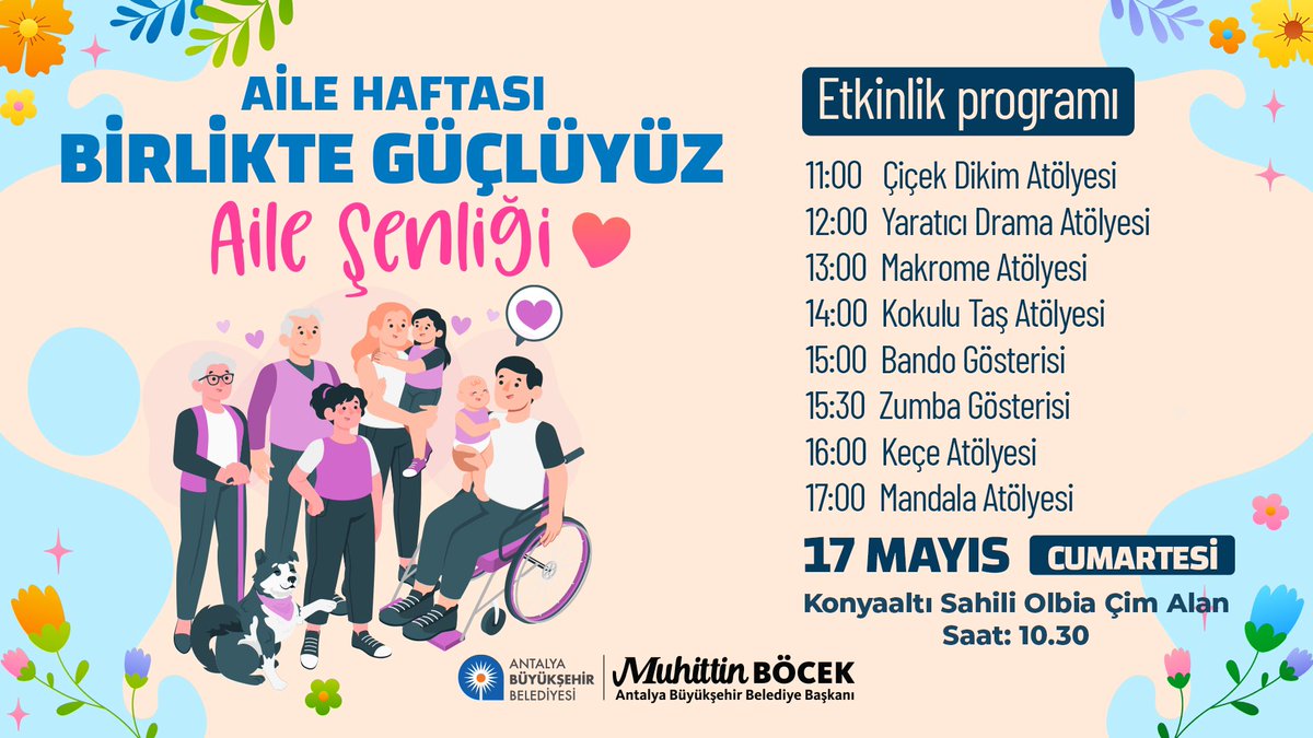 Atölyeler, gösteriler, bolca eğlence seni bekliyor! 🎭🎨💃

Ailece dolu dolu bir gün geçirmek için 17 Mayıs’ta Konyaaltı Olbia’da buluşalım! 🌸👨‍👩‍👧‍👦 Çimlere serilen mutluluğa sen de katıl! 💚

#AileHaftası #BirlikteGüçlüyüz #AileŞenliği #Antalya