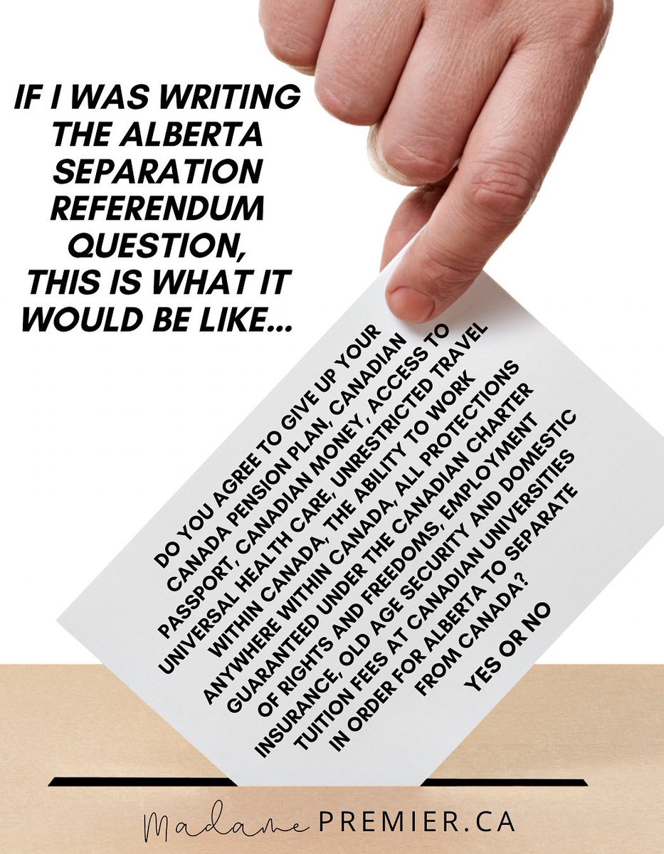 sarahelder's tweet photo. Here’s my ballot question for Alberta separation.

You don’t want to be part of Canada? Then you need to give up all the benefits of being Canadian.

#ableg #abpoli https://t.co/xiZN1OKBVB