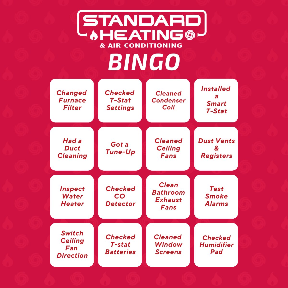 Let’s play HVAC Bingo! Check off those home comfort tasks and see how many squares you can fill! 🎉#HVACBingo #HomeComfort #SpringCleaning