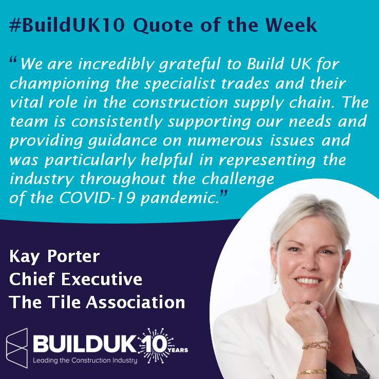 Build UK (@builduk) on Twitter photo This week’s #BuildUK10 quote of the week comes from Kay Porter, Chief Executive of The <a href="/tileassociation/">The Tile Association</a>
The guidance we provided during COVID-19 kept the industry open throughout every lockdown, with 99% of sites adopting the Site Operating Procedures developed by Build UK. This week’s #BuildUK10 quote of the week comes from Kay Porter, Chief Executive of The <a href="/tileassociation/">The Tile Association</a>
The guidance we provided during COVID-19 kept the industry open throughout every lockdown, with 99% of sites adopting the Site Operating Procedures developed by Build UK.