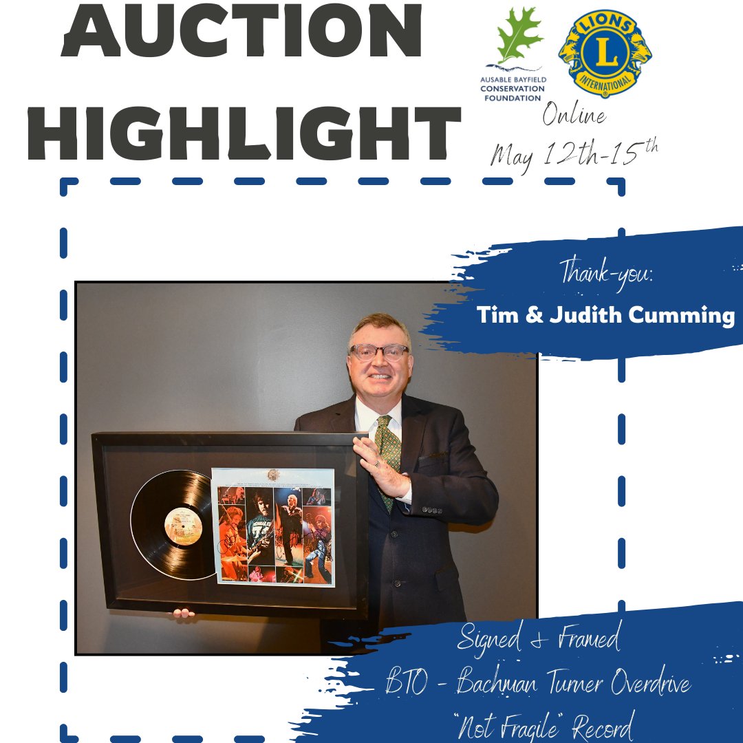 Don’t forget to bid before the online auction ends at 8 p.m. today (May 15). Check it out now: zeffy.com/ticketing/35th… Tim Cumming, of the #ConservationAuction Committee, holds up a framed, autographed copy of Bachman-Turner Overdrive’s landmark Canadian album, Not Fragile.