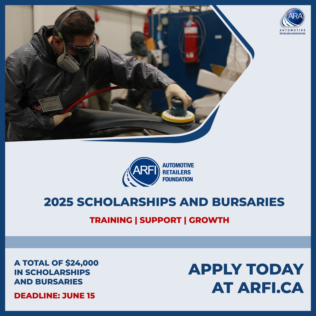 🔔 Reminder:

Looking to start your career in the automotive industry?

ARFI is awarding $24,000 in scholarships &amp; bursaries to support your training.

🗓️ Apply by June 15
👉 arfi.ca

Don’t miss this opportunity — or share it with someone who should apply!