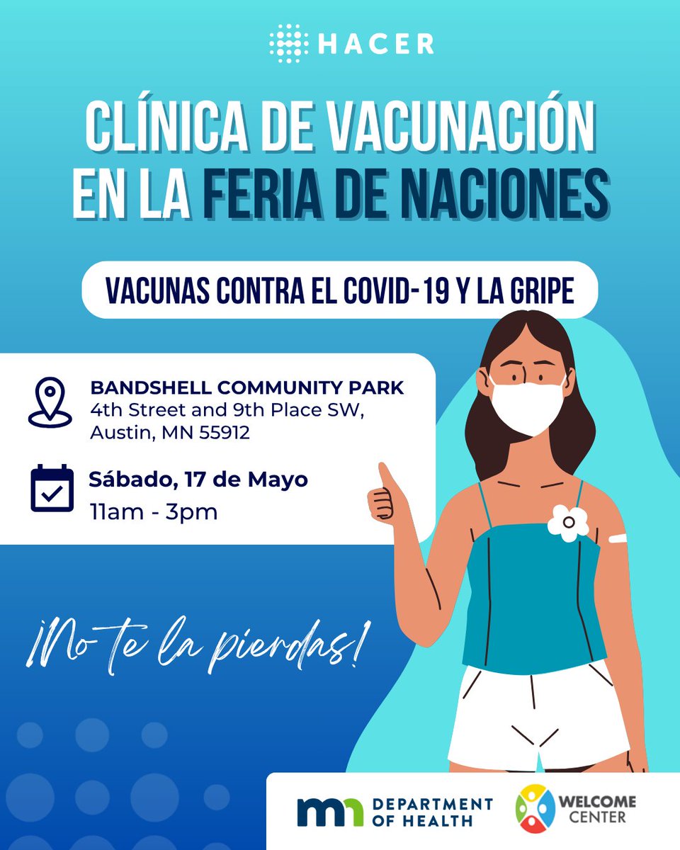 😷 Clínica de Vacunación
💉 Vacunas contra el COVID-19 y la Gripe

🗓️ Sábado, 17 de Mayo
⏰ 11am - 3pm

📍 Bandshell Community Park
4th Street and 9th Place SW, Austin, MN 55912