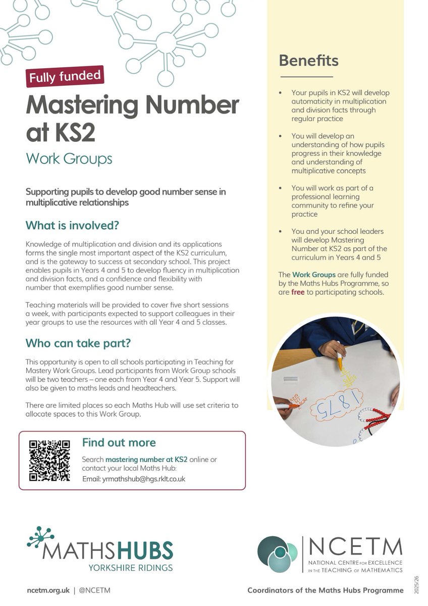 YR Maths Hub (@yrmathshub) on Twitter photo Applications are currently open for ๐ ๐ฎ๐๐๐ฒ๐ฟ๐ถ๐ป๐ด ๐ก๐๐บ๐ฏ๐ฒ๐ฟ at ๐๐ฆ2 starting Sep 2025.
Support your pupils to develop good number sense in multiplicative relationships with this ๐ณ๐ฟ๐ฒ๐ฒ programme.
See flyer or website for further details.
rb.gy/siz29h Applications are currently open for ๐ ๐ฎ๐๐๐ฒ๐ฟ๐ถ๐ป๐ด ๐ก๐๐บ๐ฏ๐ฒ๐ฟ at ๐๐ฆ2 starting Sep 2025.
Support your pupils to develop good number sense in multiplicative relationships with this ๐ณ๐ฟ๐ฒ๐ฒ programme.
See flyer or website for further details.
rb.gy/siz29h