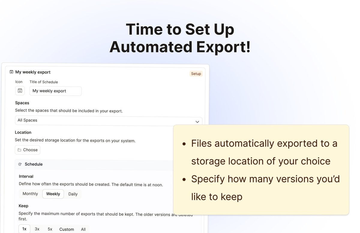 We just released automated export for all users! 🚀  

Head to Settings &gt; Full Export to set up your automation. 💫