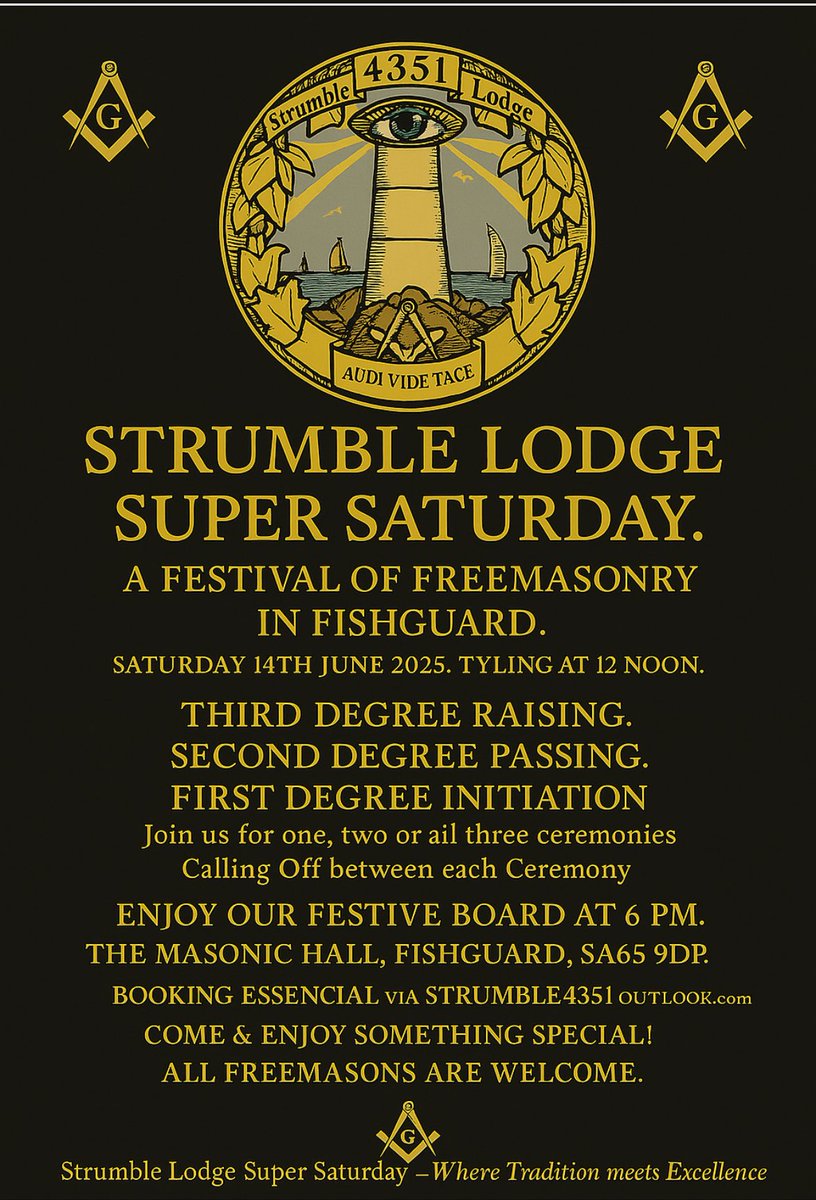 Strumble Super Saturday is on Saturday 14th June - Tyling at 12 Noon. 3 Ceremonies  [Raising, Passing &amp; Initiation] &amp; Calling Off between each one for light refreshments. FB 6pm.
Come to 1,2 or 3 Ceremonies❣️🤝🫶
#fishguardfreemasons