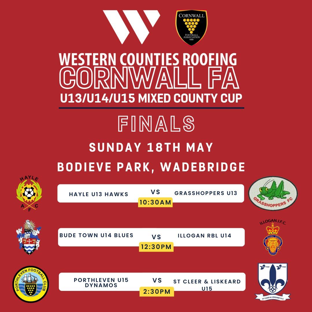 Cornwall FA (@cornwallfa) on Twitter photo π Cornwall Youth County Cup Final Weekend Incoming! β½οΈ
Join us at Wadebridge Town FC, Bodieve Park this weekend for the <a href="/WCR_Ltd/">Western Counties Roofing Ltd</a> Youth County Cup Finals! π
6 epic finals. 2 action-packed days π
π
Saturday 17th & Sunday 18th May
π₯ First kick-off each day: 10:30am
π π Cornwall Youth County Cup Final Weekend Incoming! β½οΈ
Join us at Wadebridge Town FC, Bodieve Park this weekend for the <a href="/WCR_Ltd/">Western Counties Roofing Ltd</a> Youth County Cup Finals! π
6 epic finals. 2 action-packed days π
π
Saturday 17th & Sunday 18th May
π₯ First kick-off each day: 10:30am
π