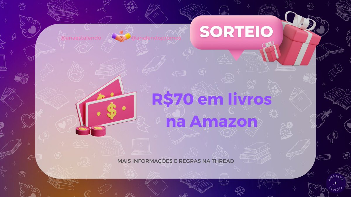 ✨ ana está lendo (@anaestalendo) on Twitter photo 🚨 SORTEIO!
🎁 R$70 em livros!
📌 Regras:
- Seguir <a href="/anaestalendo/">✨ ana está lendo</a> e <a href="/analendopromos/">ana está postando promos</a>
- Dar RT nesse tweet e no fixado de <a href="/analendopromos/">ana está postando promos</a>
Resultado: 20/05 🚨 SORTEIO!
🎁 R$70 em livros!
📌 Regras:
- Seguir <a href="/anaestalendo/">✨ ana está lendo</a> e <a href="/analendopromos/">ana está postando promos</a>
- Dar RT nesse tweet e no fixado de <a href="/analendopromos/">ana está postando promos</a>
Resultado: 20/05