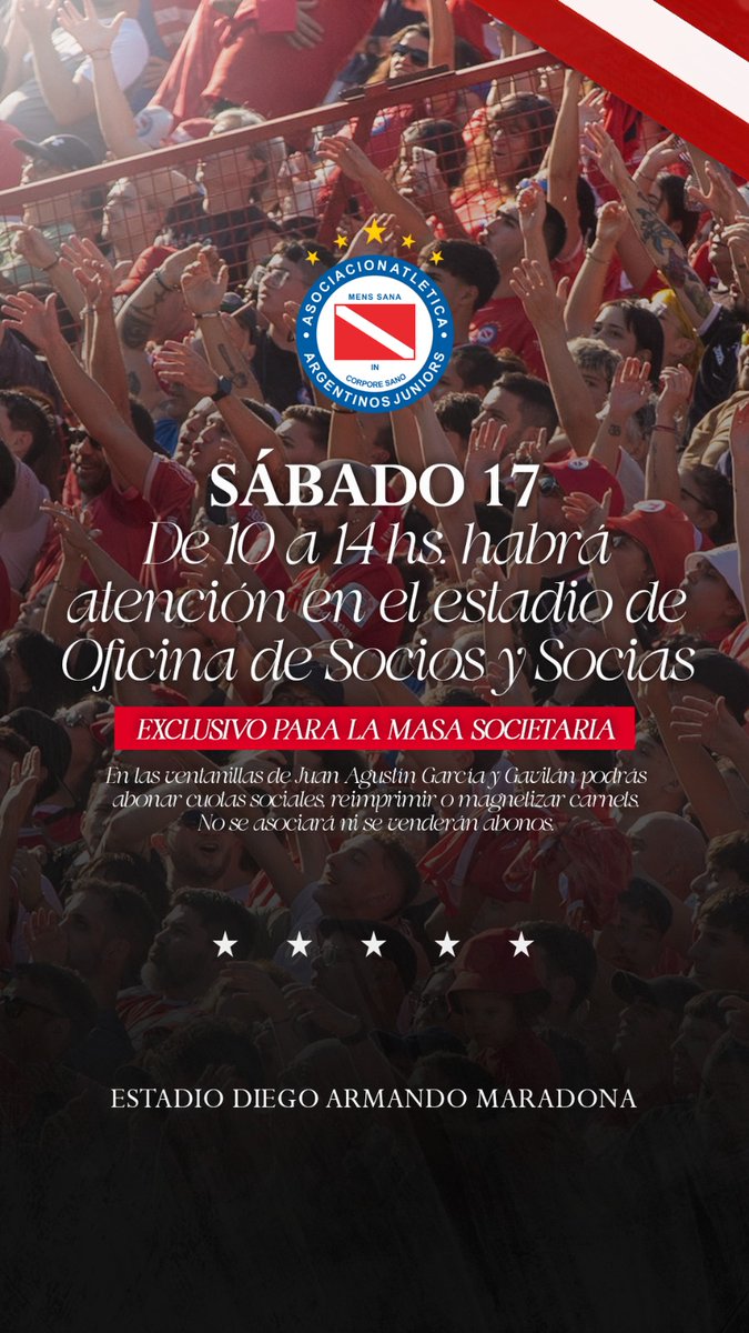 Oficina de Socios y Socias AAAJ (@sociosaaaj) on Twitter photo #AAAJ 💳 La Oficina de Socios y Socias de <a href="/AAAJoficial/">Argentinos Juniors</a> de la cancha estará abierta el sábado de 10 a 14hs. #AAAJ 💳 La Oficina de Socios y Socias de <a href="/AAAJoficial/">Argentinos Juniors</a> de la cancha estará abierta el sábado de 10 a 14hs.