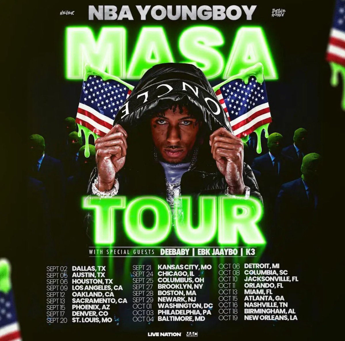 NBA YoungBoy announces the MASA Tour with DeeBaby, EBK Jaaybo and K3. 

Tickets are expected to sell out extremely fast. This is his first tour in 5 years.