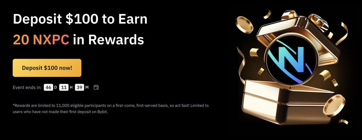 年度最强存款活动已上线。

对于新用户，USDT存入100美元，获得20个NXCP代币（目前价值60美元USDT）仅限于代理名下的前11,000名参与者，先到先得

现在加入：partner.bybit.com/b/aff_26214_XX…（将XXXX替换为邀请码）

用户还可以加入我们现有的Bybit Token Splash，并有机会赚取更多NXCP：
