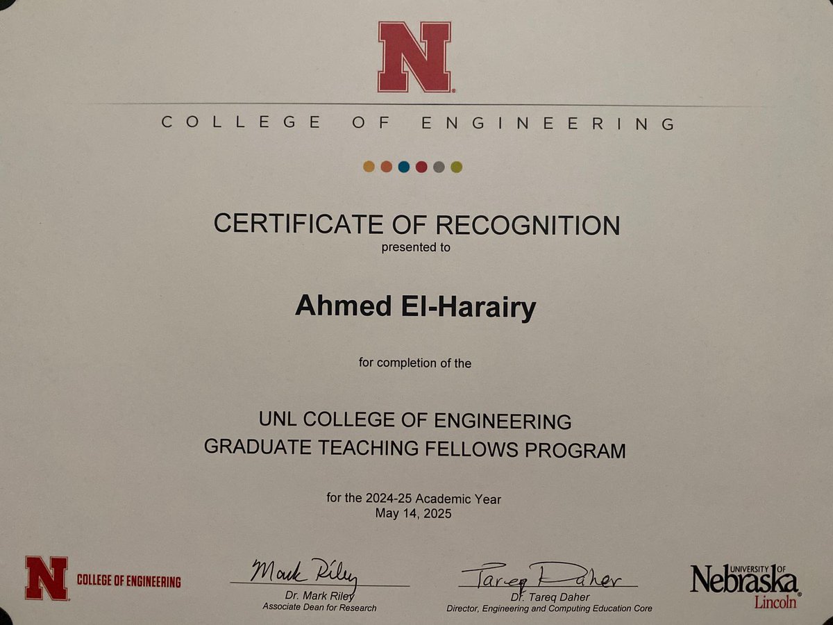 Ahmed El-Harairy (@ahmed_harairy) on Twitter photo I am honored to receive the Certificate of Recognition for the Graduate Teaching Fellows Program from the <a href="/NebEngineering/">Nebraska Engineering</a> , as well as the CIRTL@Nebraska Certification, at the <a href="/UNLincoln/">University of Nebraska-Lincoln</a>'s Graduate Recognition Reception. I am honored to receive the Certificate of Recognition for the Graduate Teaching Fellows Program from the <a href="/NebEngineering/">Nebraska Engineering</a> , as well as the CIRTL@Nebraska Certification, at the <a href="/UNLincoln/">University of Nebraska-Lincoln</a>'s Graduate Recognition Reception.