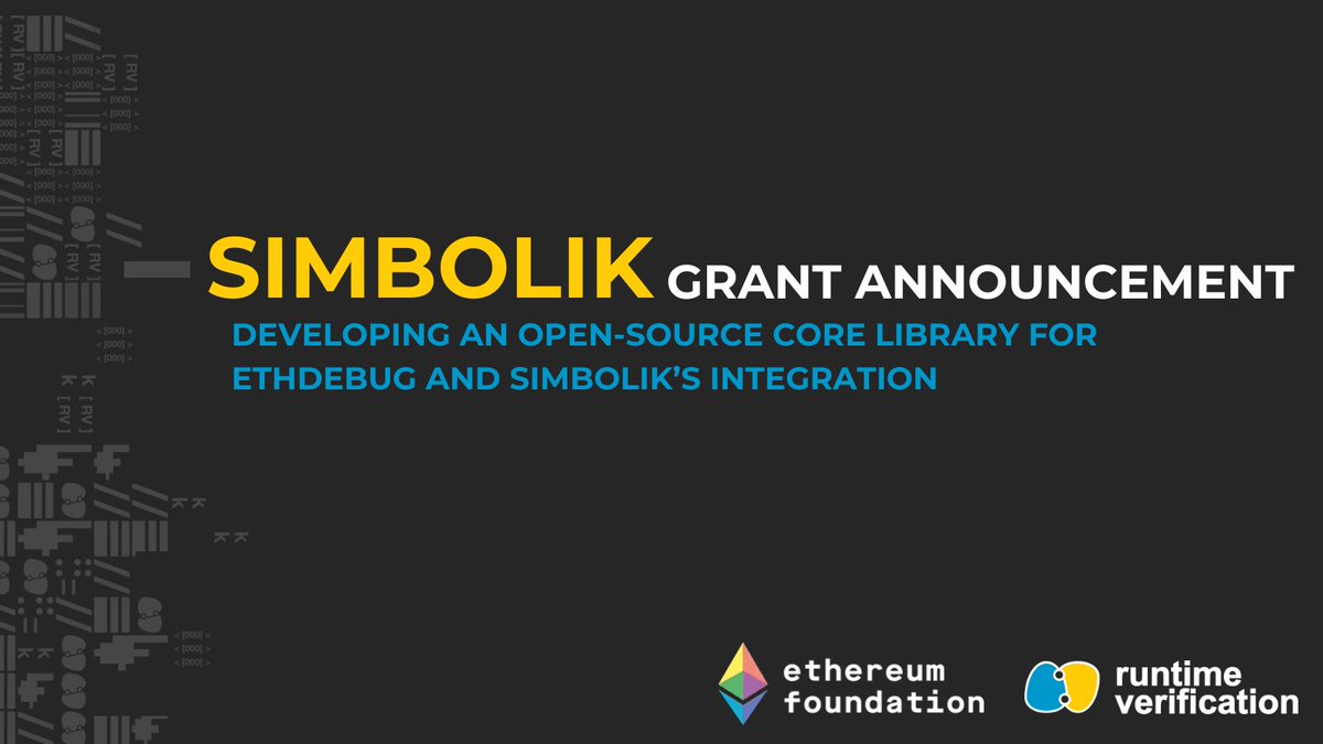 Runtime Vеrification (@rv_inc) on Twitter photo 1/ Thanks to the <a href="/EF_ESP/">EF Ecosystem Support Program</a>, we have been awarded a grant to build a new open-source library for EthDebug that brings next-level debugging capabilities to Solidity development and Simbolik, our Solidity debugger.
Keep reading to learn more about what this means for developers and 1/ Thanks to the <a href="/EF_ESP/">EF Ecosystem Support Program</a>, we have been awarded a grant to build a new open-source library for EthDebug that brings next-level debugging capabilities to Solidity development and Simbolik, our Solidity debugger.
Keep reading to learn more about what this means for developers and