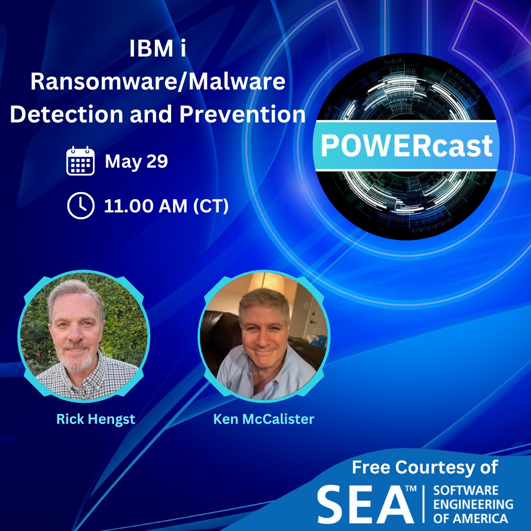The latest POWERcast is coming soon! Join Rick Hengst and Ken McCalister on May 29th to learn about IBM i Ransomeware/Malware Detection and Prevention 

Learn more and Register Here:
hubs.li/Q03mlwlZ0

#COMMONeducation #IBMi #IBMieducation #techeducation #POWERcast