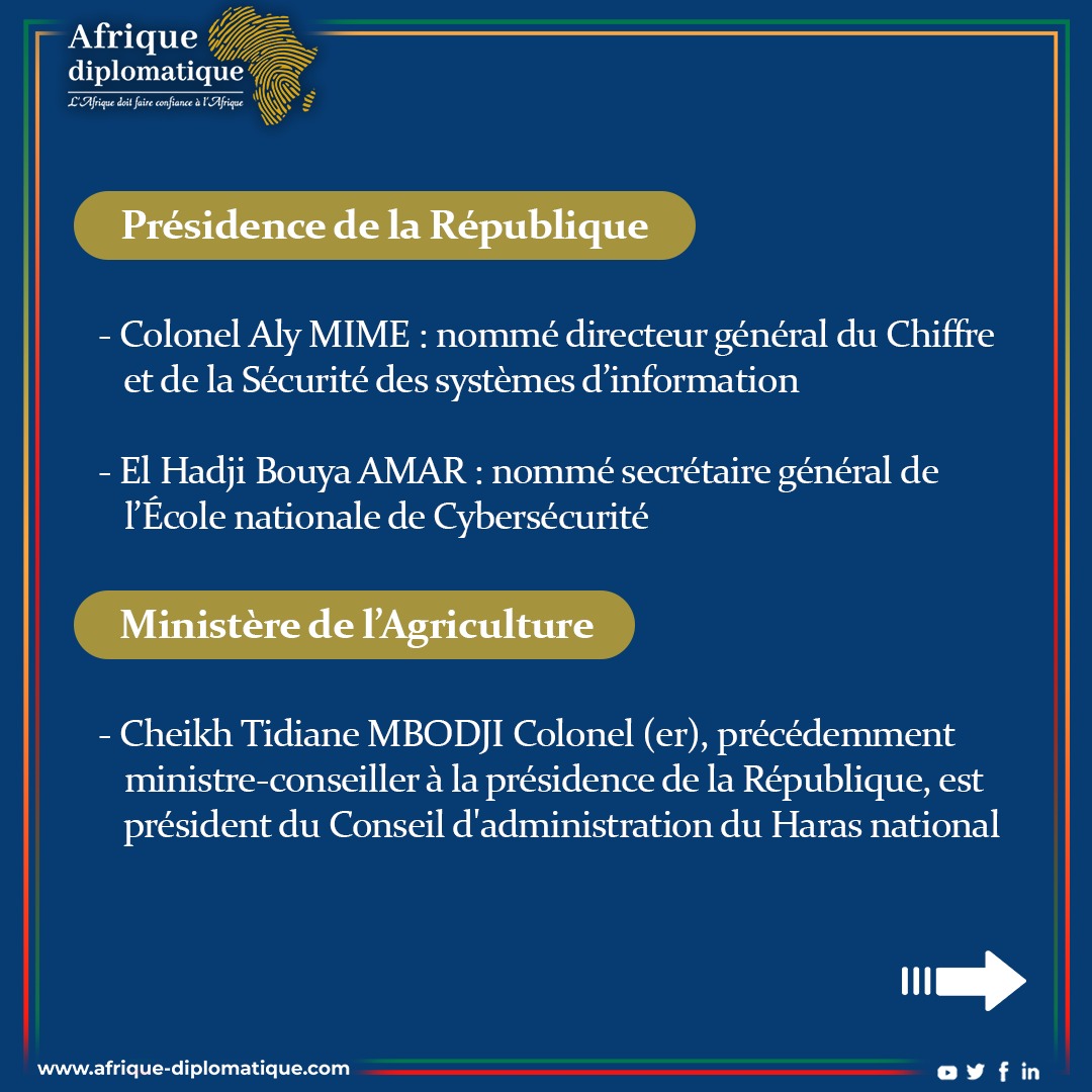 AFRIQUEDIPLOMAT's tweet image. Le #Conseildesministres #sénégalais du 14 mai 2025 marque un tournant avec 18 #nominations touchant plusieurs secteurs clés : #cybersécurité, #enseignementsupérieur, #numérique, #santé, gouvernance territoriale, #agriculture, #finances et transports.