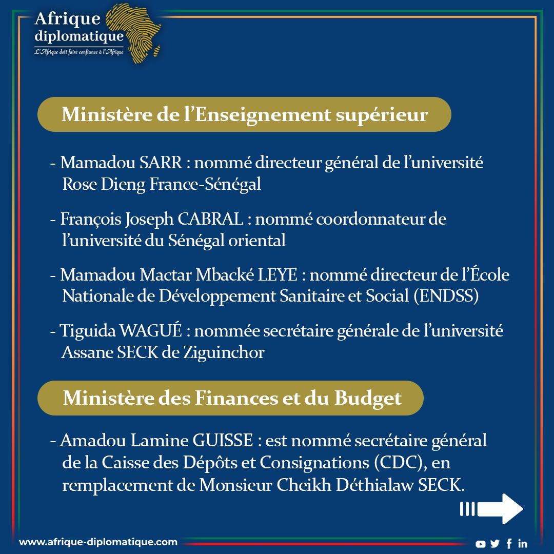 AFRIQUEDIPLOMAT's tweet image. Le #Conseildesministres #sénégalais du 14 mai 2025 marque un tournant avec 18 #nominations touchant plusieurs secteurs clés : #cybersécurité, #enseignementsupérieur, #numérique, #santé, gouvernance territoriale, #agriculture, #finances et transports.