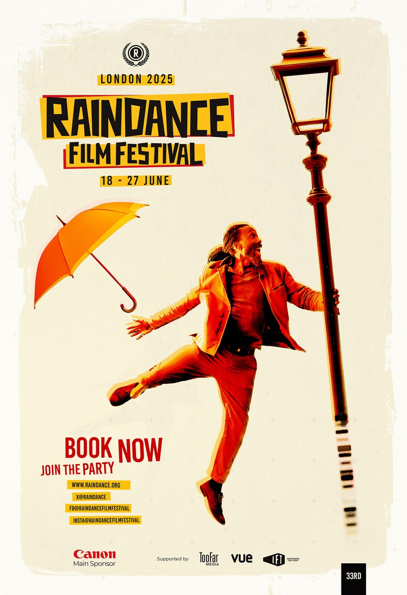 Embracing the spirit of Raindance, this year's poster is an homage to the classic film Singin' In The Rain.

Designer #BoboCreativeAgency took a creative leap back to one of the most iconic and enduring scenes in cinema history.

Read more: raindance.org/festival/33-ra…

#Raindance2025
