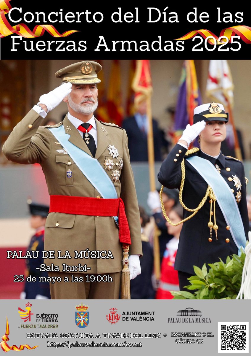 CGTAD / HQ NRDC-ESP (@cgtad_nrdc_esp) on Twitter photo Concierto del Día de las Fuerzas Armadas 2025, en el Palau de la Música el próximo 25 de mayo a las 19:00 h, en la sala Iturbi. Entrada gratuita, a través del siguiente link;
palauvalencia.com/event/?id=2249…,
#DIFAS25
<a href="/palaumusicavlc/">Palau de la Música</a>
<a href="/AjuntamentVLC/">Ajuntament València</a>
#SomosTuEjército
#EjércitoDeTierra Concierto del Día de las Fuerzas Armadas 2025, en el Palau de la Música el próximo 25 de mayo a las 19:00 h, en la sala Iturbi. Entrada gratuita, a través del siguiente link;
palauvalencia.com/event/?id=2249…,
#DIFAS25
<a href="/palaumusicavlc/">Palau de la Música</a>
<a href="/AjuntamentVLC/">Ajuntament València</a>
#SomosTuEjército
#EjércitoDeTierra