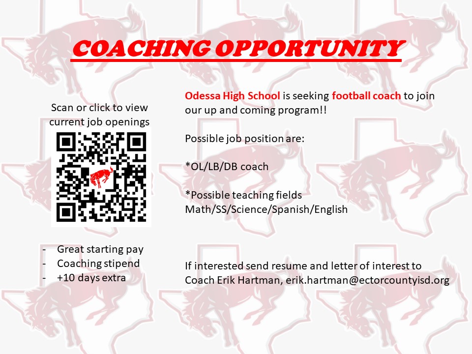 Coach Hartman (@ehartman_ohs_hc) on Twitter photo <a href="/Matt_Stepp817/">Matt Stepp</a> <a href="/padillapoll/">Carl Padilla</a> <a href="/BigRedBronchos/">Odessa High School</a>
Job opportunity at Odessa High School. Come help change the C.U.L.T.U.R.E. <a href="/Matt_Stepp817/">Matt Stepp</a> <a href="/padillapoll/">Carl Padilla</a> <a href="/BigRedBronchos/">Odessa High School</a>
Job opportunity at Odessa High School. Come help change the C.U.L.T.U.R.E.
